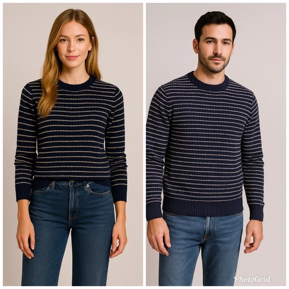 J. Crew Crewneck Sweater Merino Wool Navy and White Stripe Size Medium Small